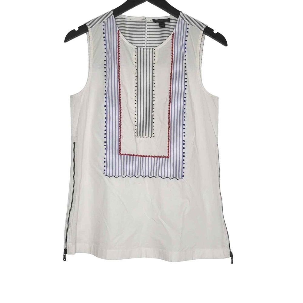 J Crew Sleeveless Beaded Tunic Top 0 White Blue Stripe Side Zip Round Neck Boho